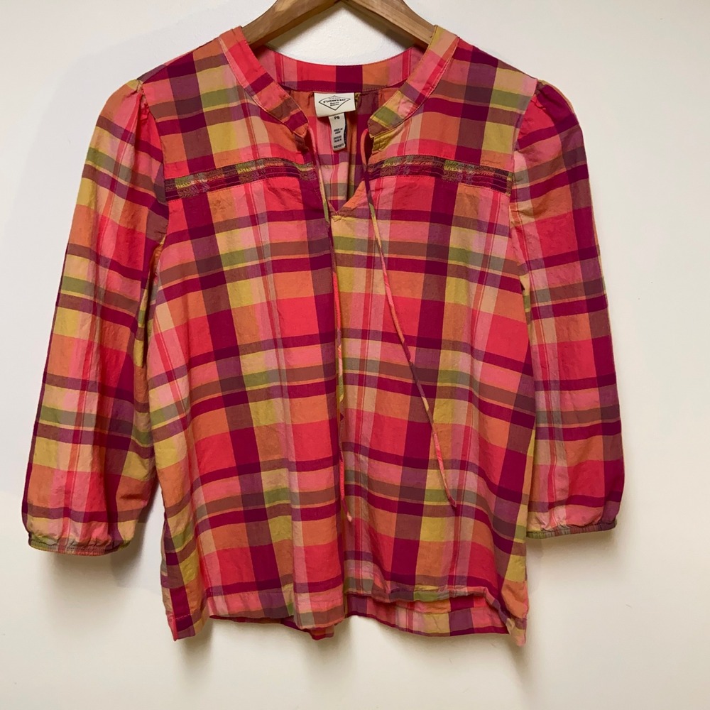 St. John's Bay Peasant Plaid Blouse Women PS Pink 3/4 Sleeve Cotton Top Smocked